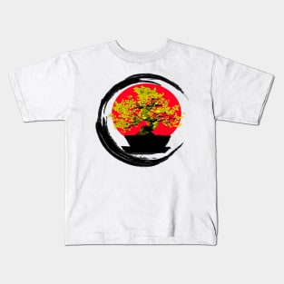 Golden bonsai on a rising sun - Sumi inspired enso circle brushstroke tree Kids T-Shirt